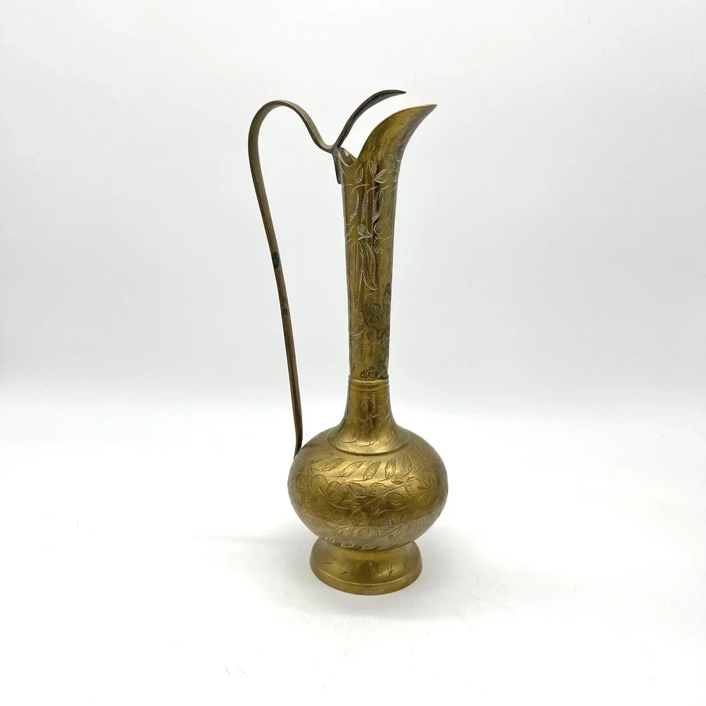 Vintage World Gift India Hand Etched Brass Pitcher Vase Floral Design 10.5